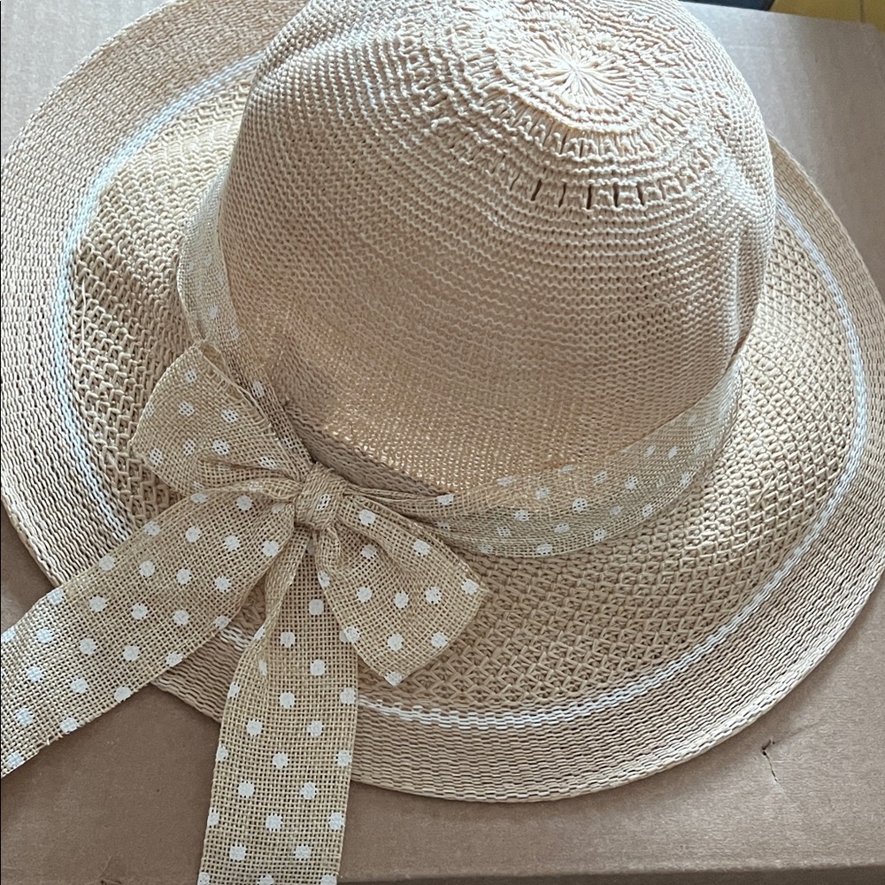 Elegant Tan Polka Dot Sun Hat. Free with $30 purchase